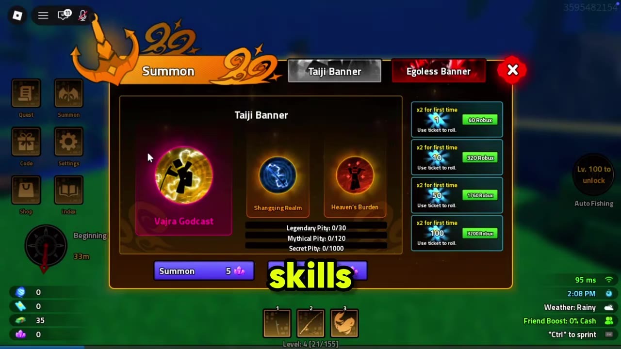 Summon panel showing Taiji and Egoless Banner tabs with ticket and crystal costs