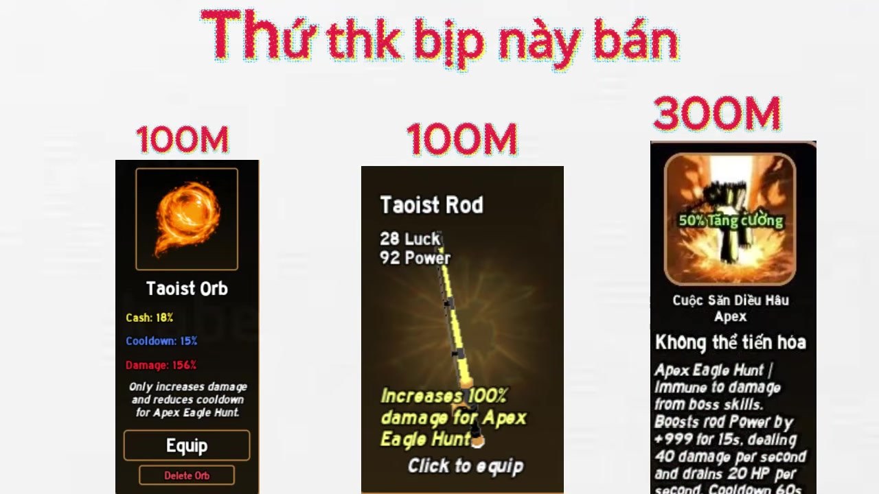 Dumb Guy merchant shop cards — Taoist Orb, Taoist Rod, Apex Eagle Hunt