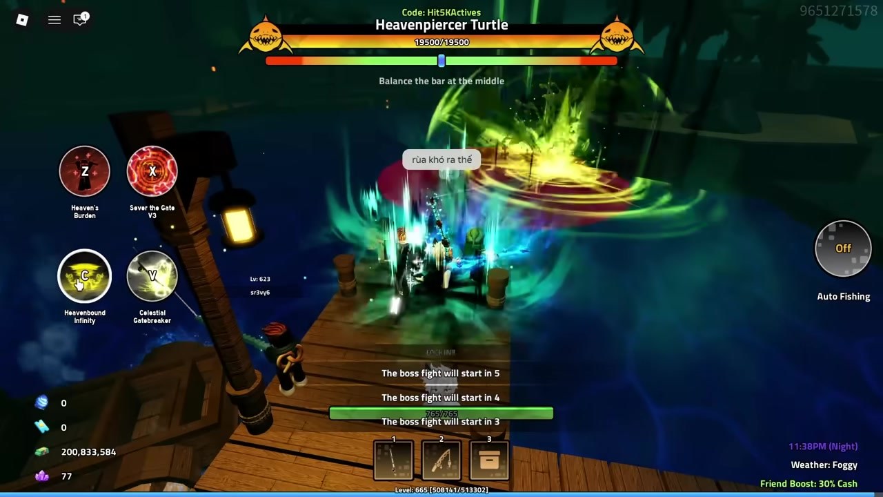 Heavenpiercer Turtle boss bar with Weather Foggy on the HUD