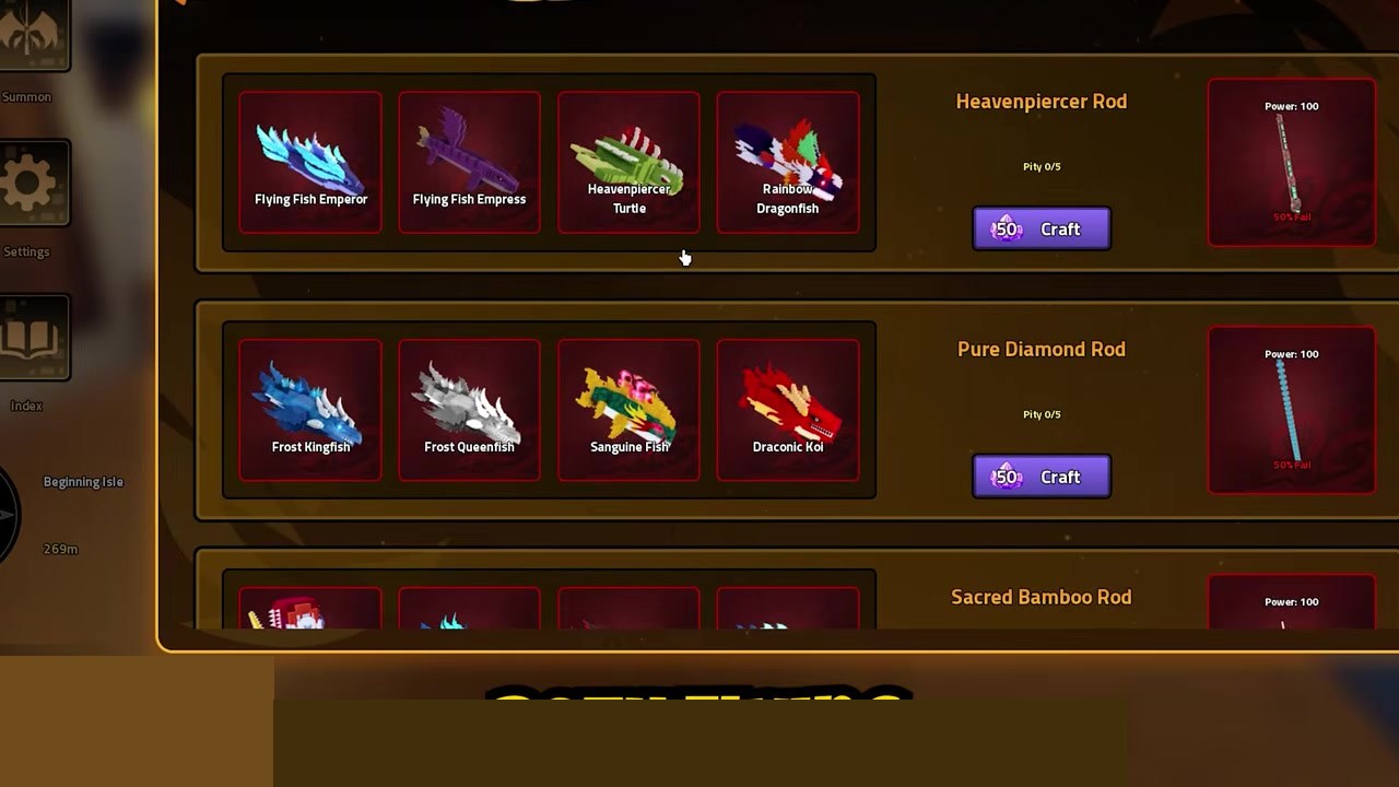 Rod Seller craft panel showing Heavenpiercer Rod recipe — four fish, 50 Crystals, Pity 0/5, Power 100, 50% Fail