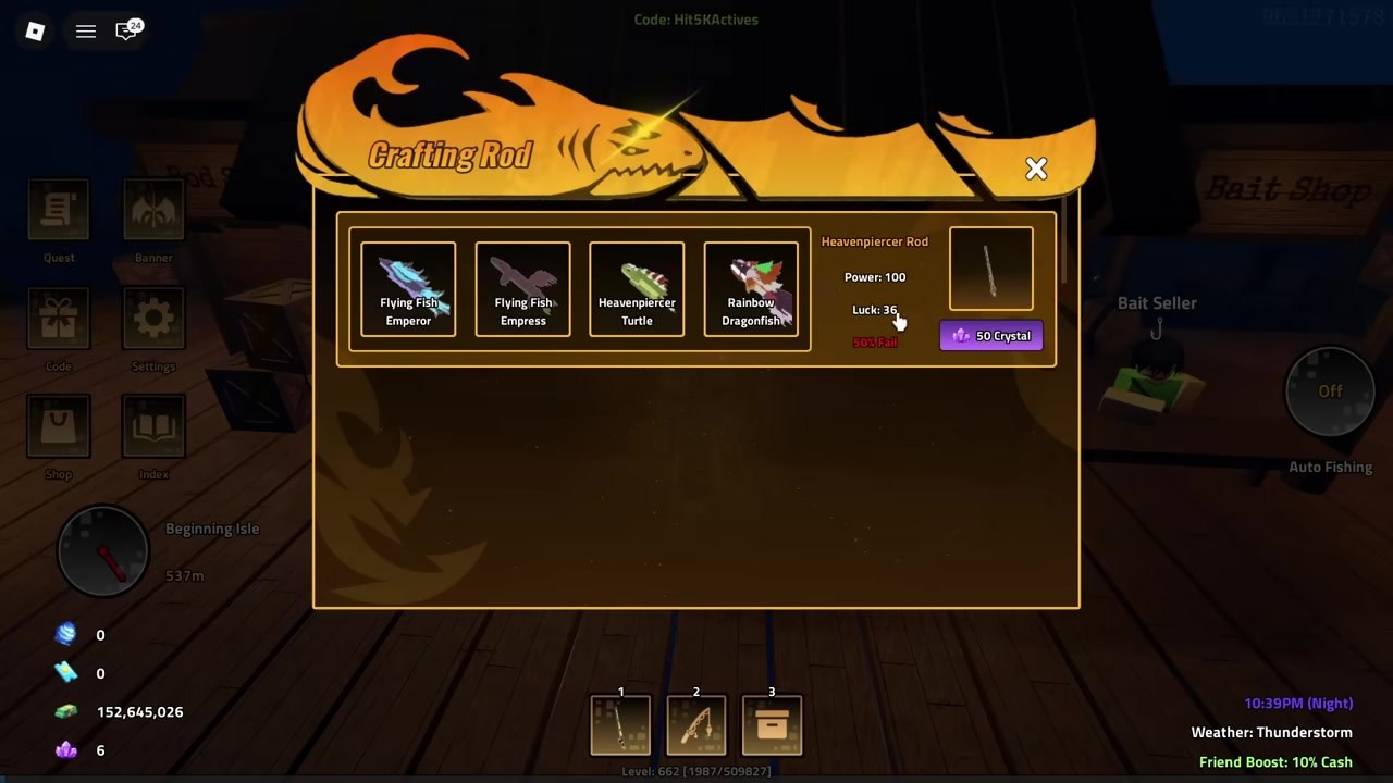 Crafting Rod panel for Heavenpiercer with Power 100, Luck 36, and 50% Fail warning