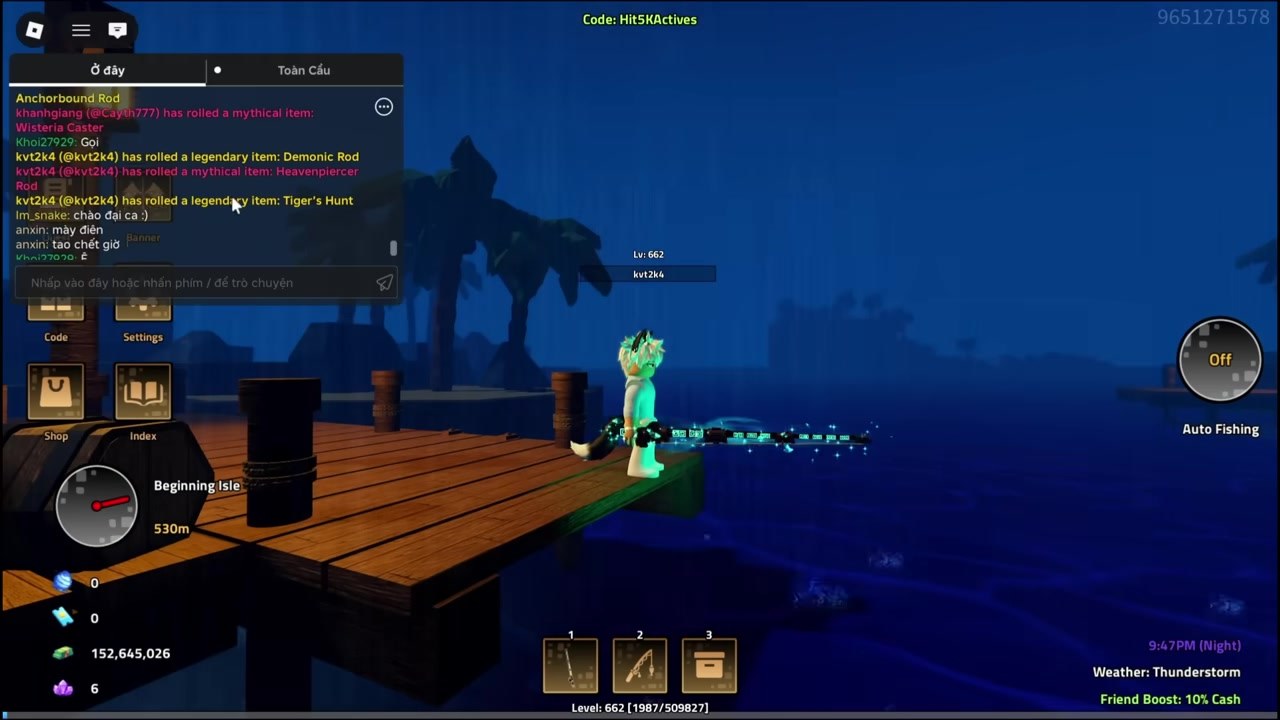 Server chat showing mythical Heavenpiercer Rod roll with the Mythic rod equipped on the pier