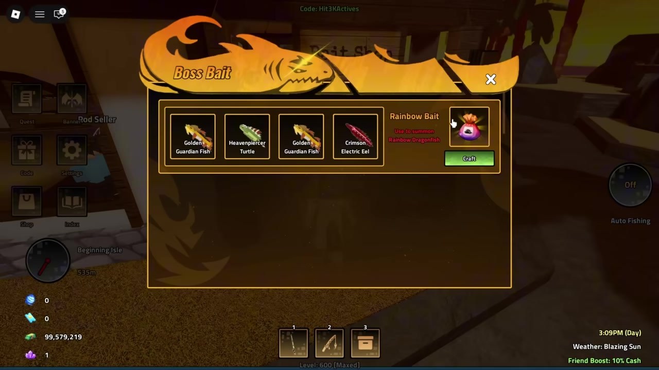 Boss Bait craft UI for Rainbow Bait used to summon Rainbow Dragonfish