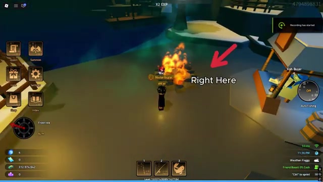 Maoshan Merchant spawn pin on Frost Isle in Heavyweight Fishing