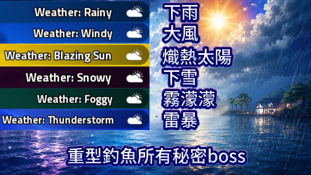 Heavyweight Fishing weather types referenced in secret-boss location footage