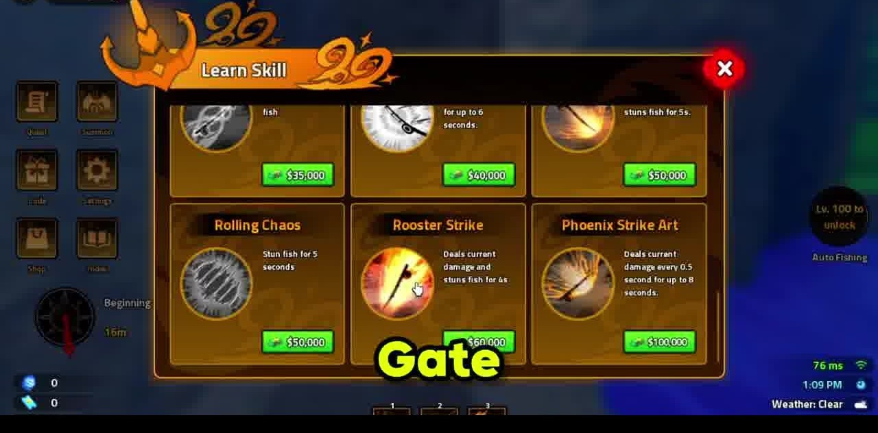 Learn Skill shop card row including One-Strike Heaven Gate stun skill — skills not rods