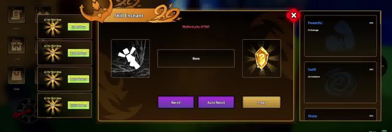 Skill Enchant UI with equipped skill slot, Trait Crystal, Reroll and Auto Reroll